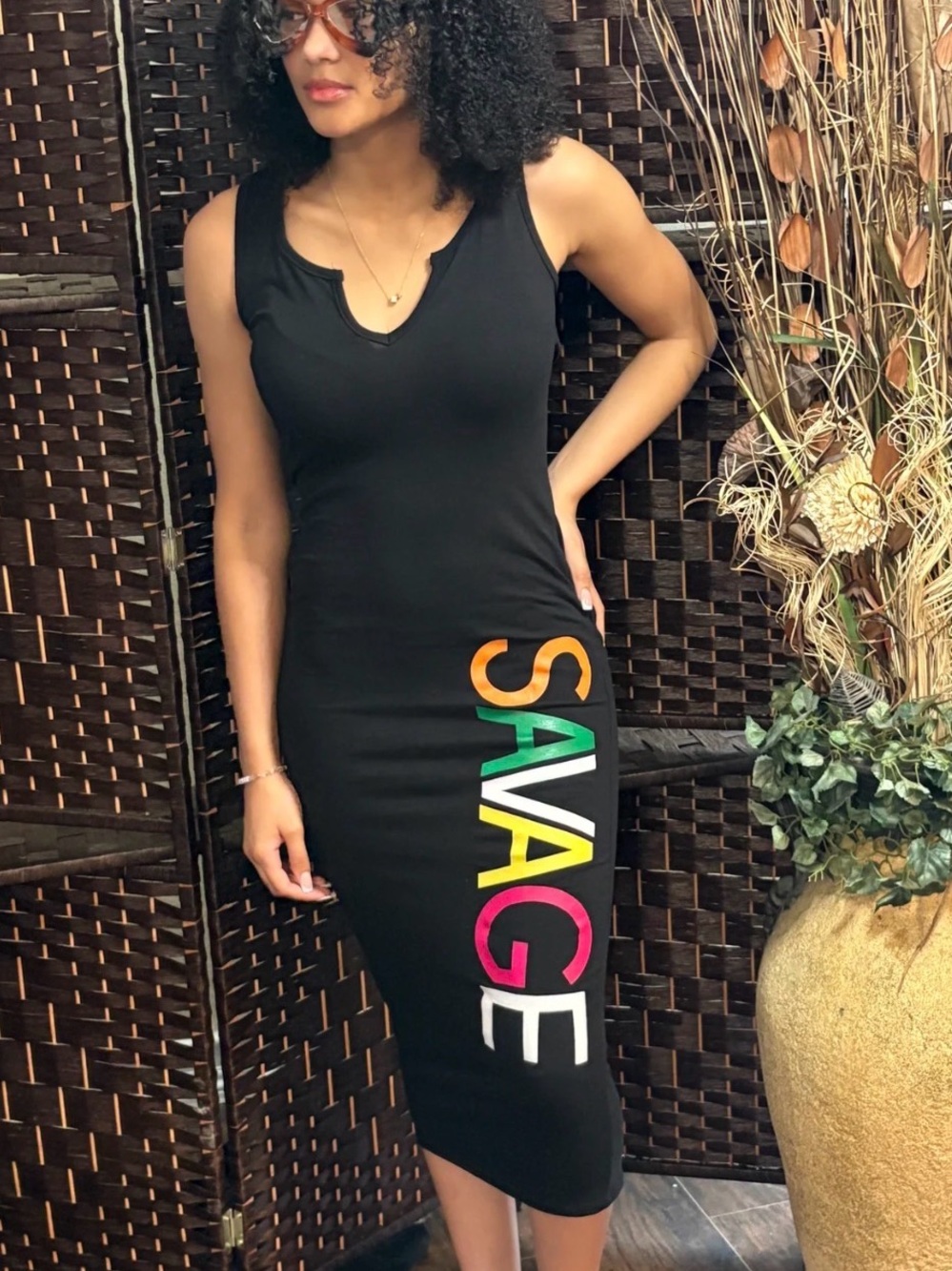 Sleeveless Black Midi Dress with Multicolor 'SAVAGE' Graphic